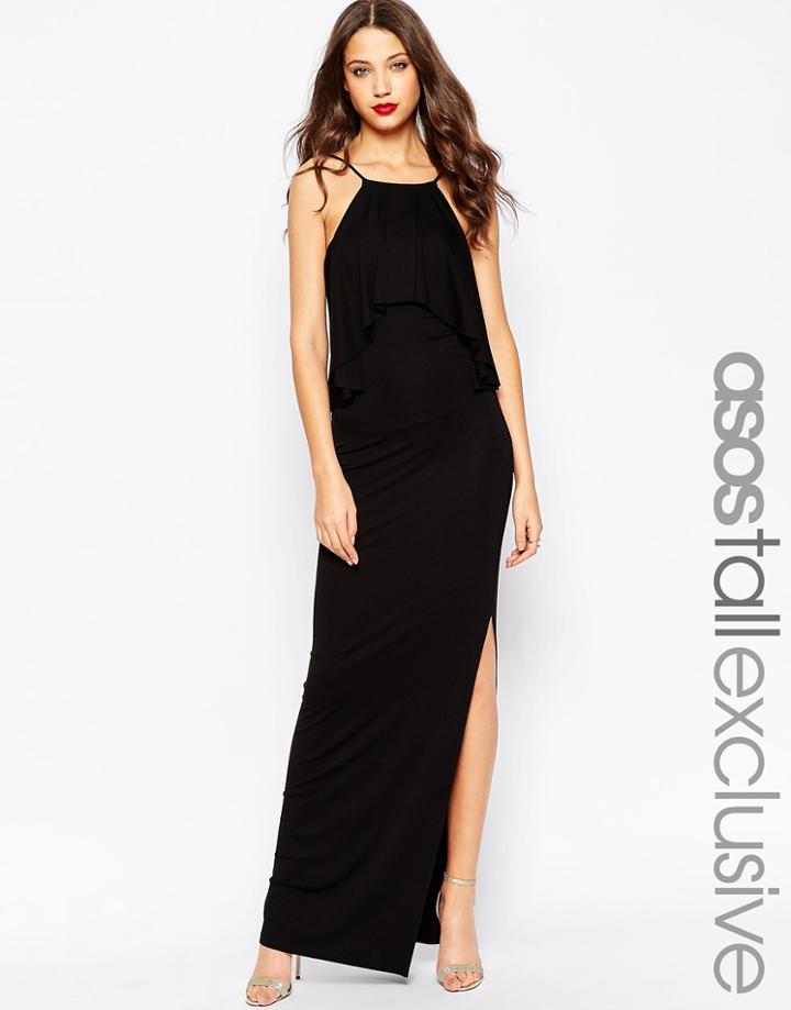 Asos Tall Low Back Ruffle Maxi Dress - Black