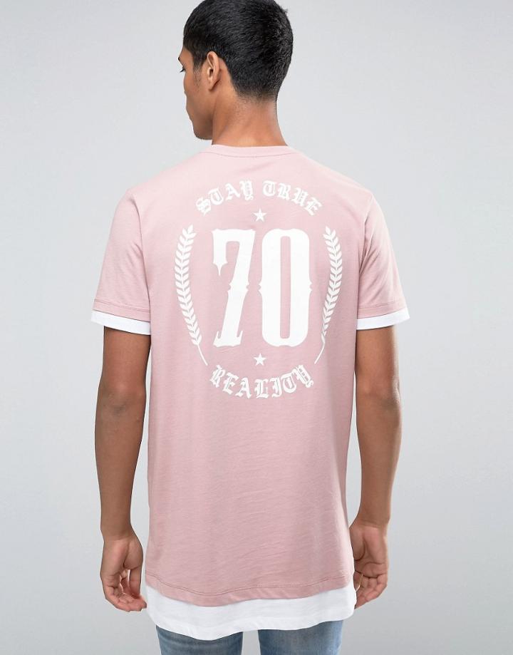 Asos Super Longline T-shirt With Crest Back Print And Contrast Cuff And Hem In Pink - Pink