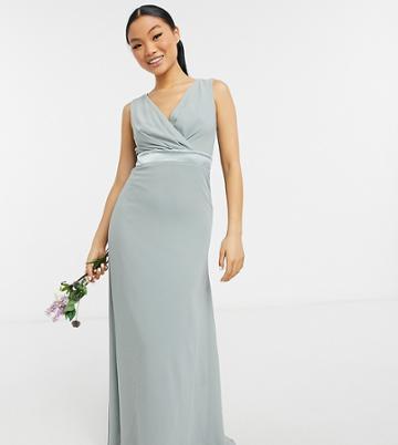 Tfnc Petite Bridesmaid Plunge Front Bow Back Maxi Dress In Sage-green