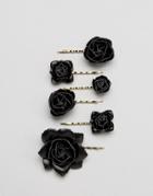 Asos Pack Of 6 Faux Leather Flower Hair Clips - Black