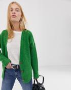 Asos Design Chunky Cardigan In Moving Rib With Statement Button - Green