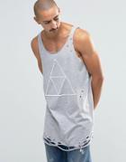 Asos Longline Tank With Triangle Print And Distressed Hem - Gray