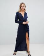 Missguided Wrap Satin Side Split Maxi Dress In Navy - Blue