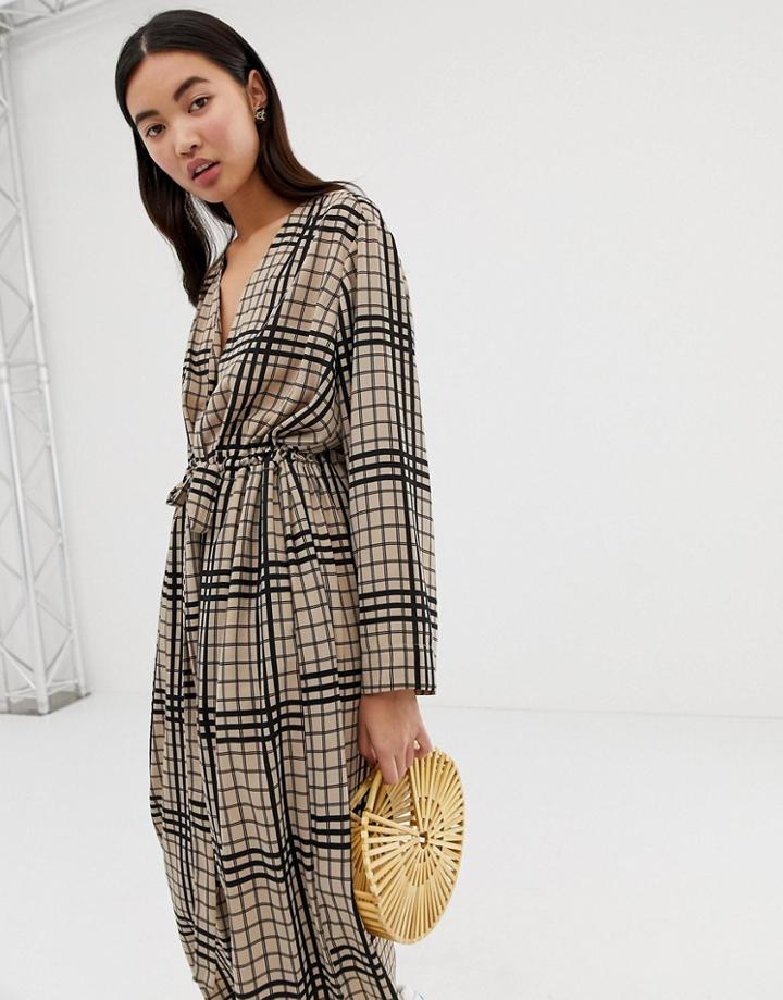 Weekday Midi Dress With Tie Waist In Check Print - Multi