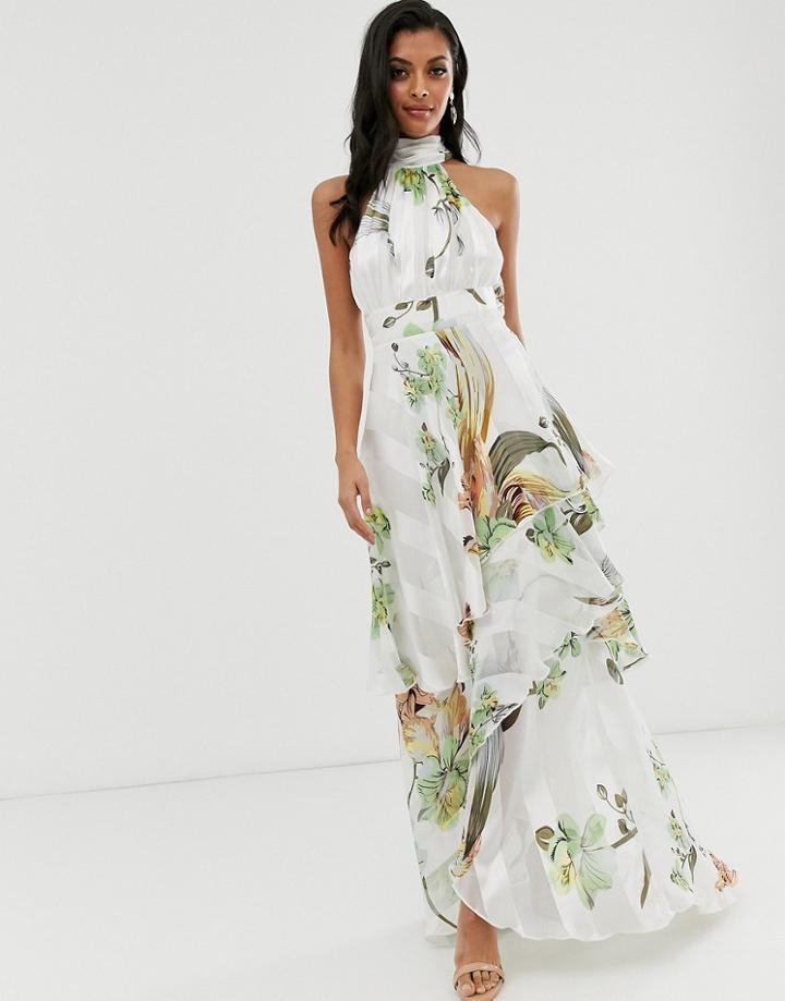 Asos Design High Neck Tiered Maxi Dress In Sheer And Solid Stripe In Pretty Floral-multi
