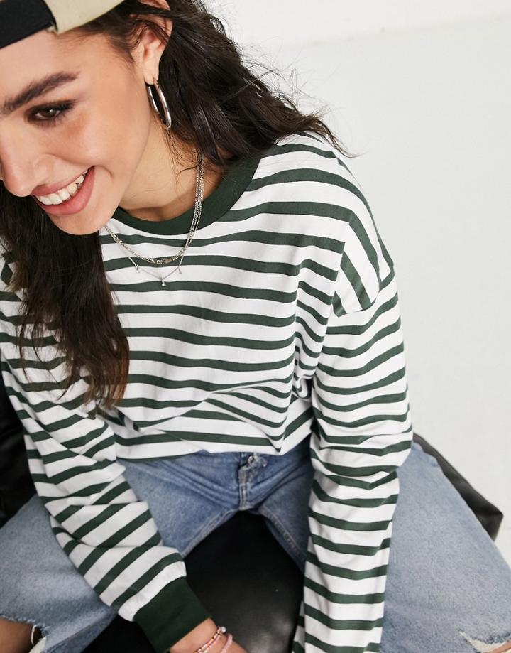 Asos Design Top With Cuff Detail In Stripe White & Khaki-multi