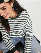 Asos Design Top With Cuff Detail In Stripe White & Khaki-multi