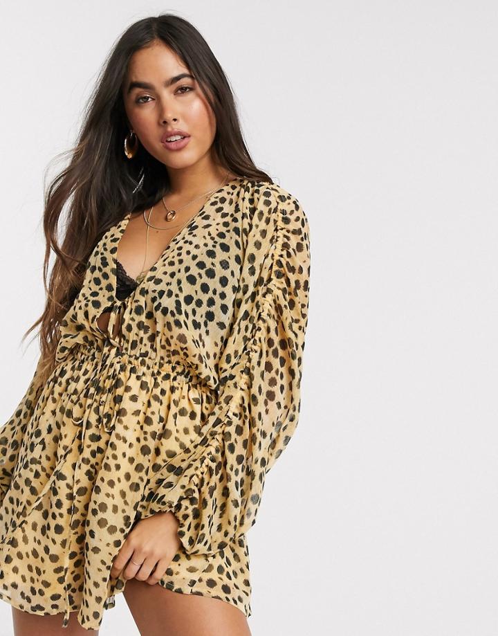 Asos Design Gathered Waist Blouson Sleeve Chiffon Romper In Leopard Print-multi