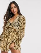 Asos Design Gathered Waist Blouson Sleeve Chiffon Romper In Leopard Print-multi