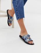 Asos Design Frankie Leather Ring Detail Flat Sandals In Snake Print-blue