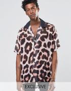 Reclaimed Vintage Revere Shirt In Leopard Print And Reg Fit - Stone