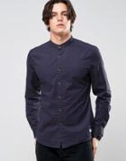 Esprit Grandad Shirt In Slim Fit With Contrast Turnup Sleeves - Navy
