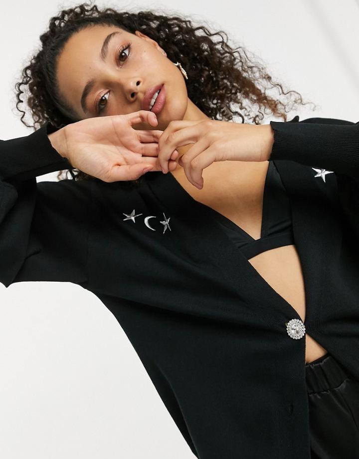 Heartbreak Oversized Cardigan With Celestial Embroidery And Diamonte Buttons In Black