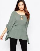 Wal G Top With Tie Neck And Frill Sleeves - Khaki