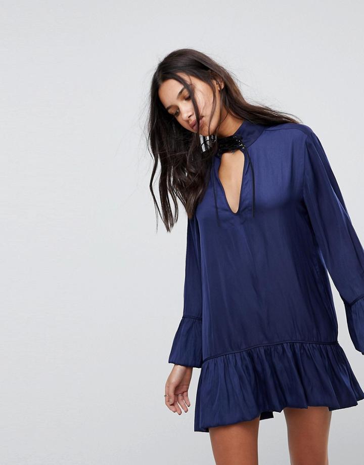 One Teaspoon Texan Rose Dress With Lace Up Collar - Blue