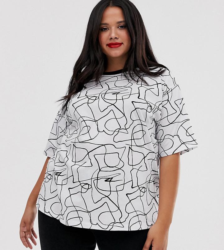 Asos Design Curve Oversized T-shirt In Mono Scribble Print-white
