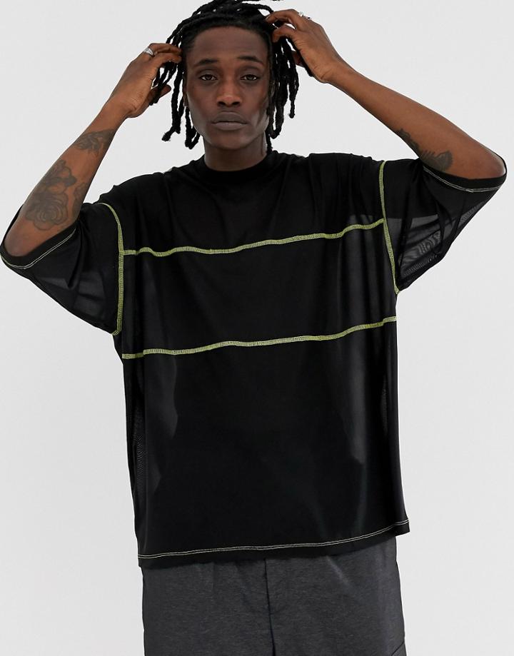 Asos Design Oversized T-shirt With Half Sleeve In Fine Mesh With Contrast Stitching - Black