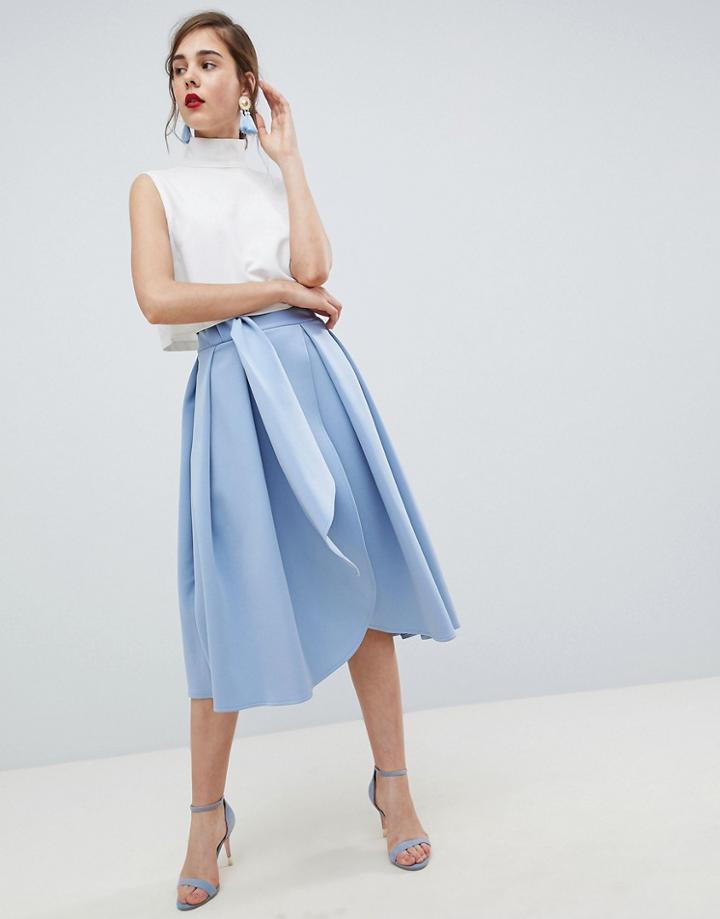 Asos Design Scuba Wrap Prom Skirt With Split And Tie Waist - Blue