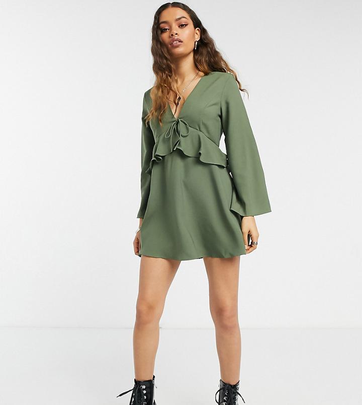 Asos Design Petite Tie Front Mini Dress With Ruffle Detail In Khaki-green