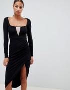 Asos Design Square Neck V Plunge Bodycon Midi Dress-black