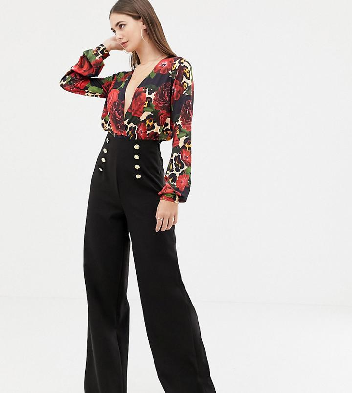 Flounce London Tall Wide Leg Pants With Gold Button Detail In Black - Black