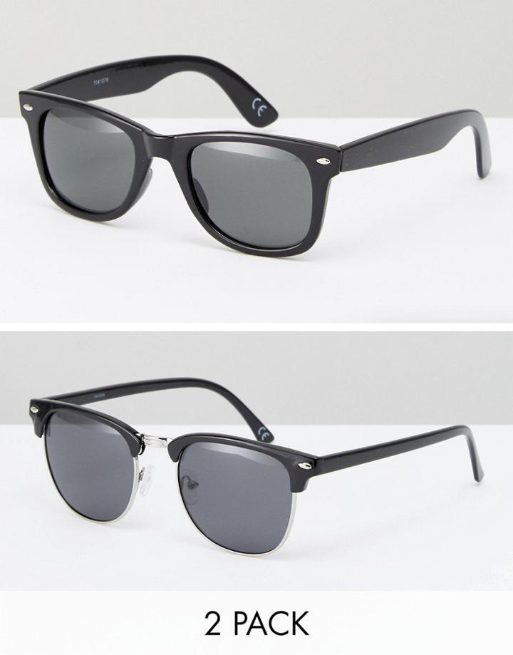 Asos Square And Retro Sunglasses 2 Pack In Black Save - Black