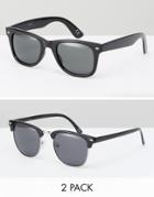 Asos Square And Retro Sunglasses 2 Pack In Black Save - Black