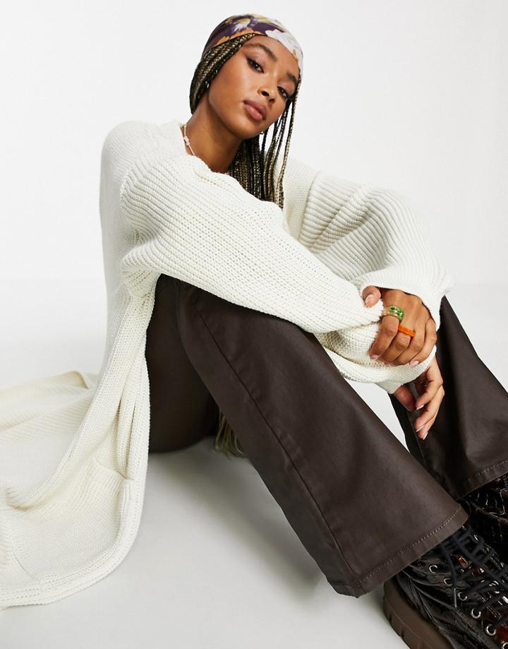 Topshop Knitted Maxi Cardigan In Cream-white