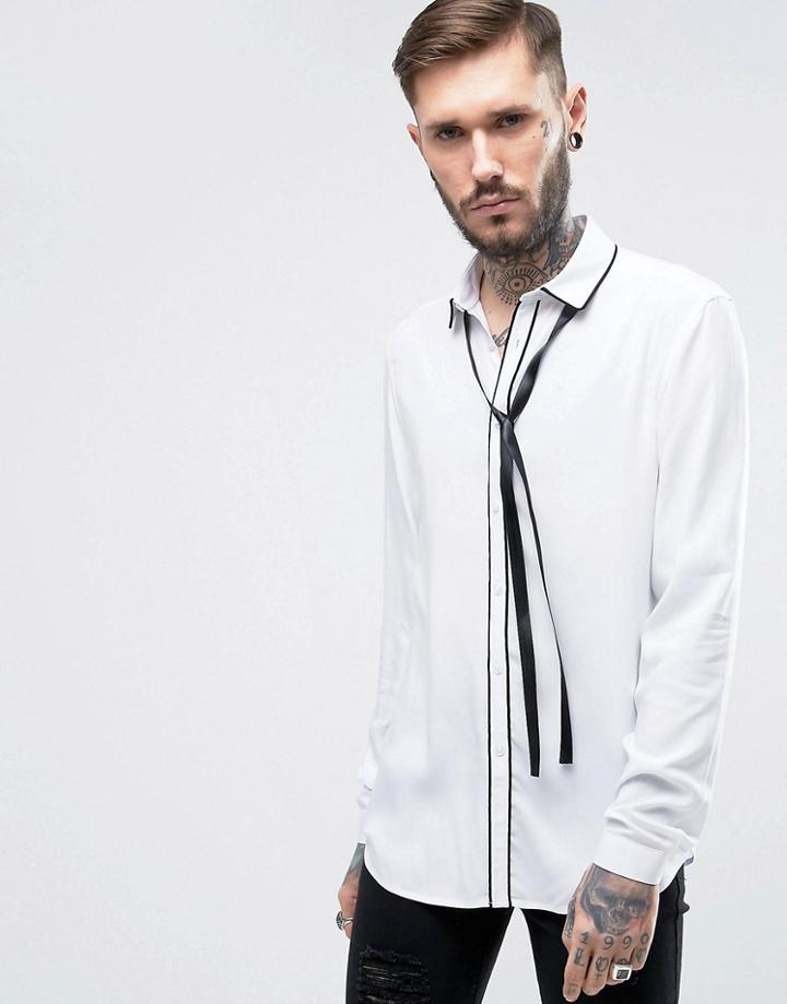 Asos Regular Fit Viscose Shirt With Piping And Neck Tie - White