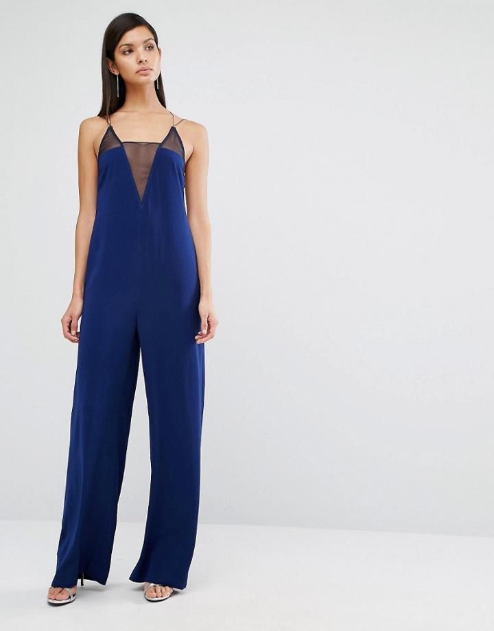 Aqaq Montana Deep V Mesh Jumpsuit - Navy