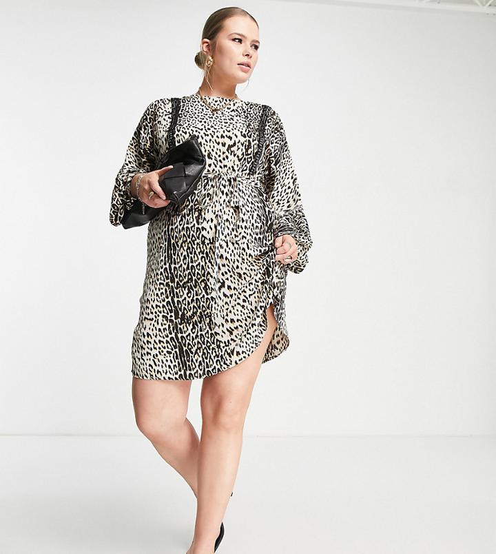 River Island Plus Leopard Smock Mini Dress In Brown