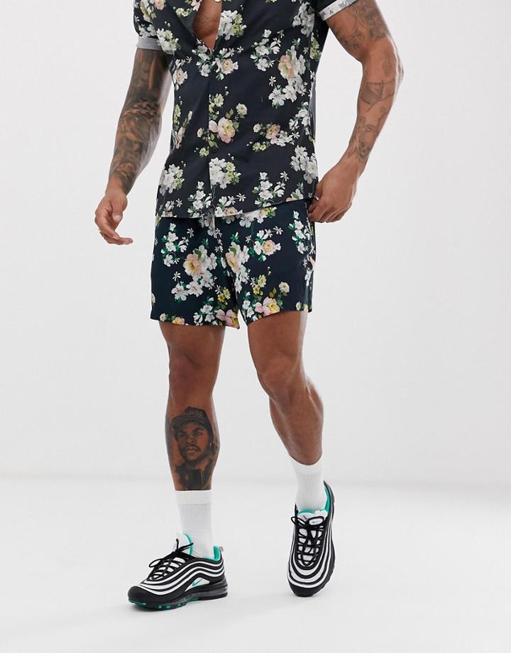 Asos Design Two-piece Slim Shorter Shorts With Floral Print In Black - Navy