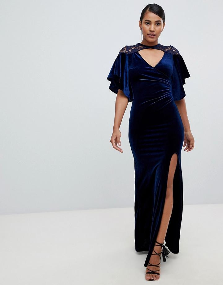 Tfnc Cape Vevlet Maxi Dress With Lace Detail-navy