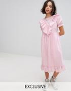 Reclaimed Vintage Inspired Midi Broderie Dress With Trims & Frills - Pink