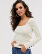 Asos Design Fine Rib Sweater With Square Neck And Button Cuff Detail-cream