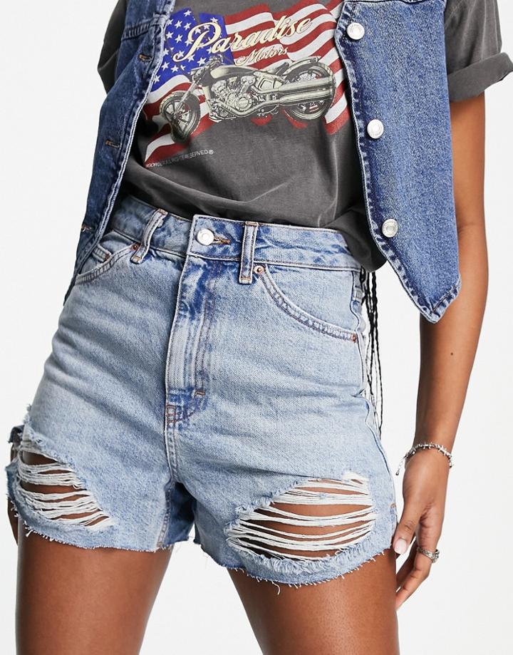 Topshop Slit Rip A-line Shorts In Mid Blue