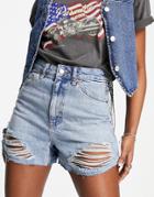 Topshop Slit Rip A-line Shorts In Mid Blue