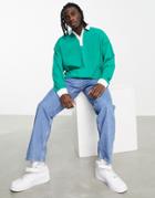 Asos Design Oversized Long Sleeve Polo In Green With White Contrast
