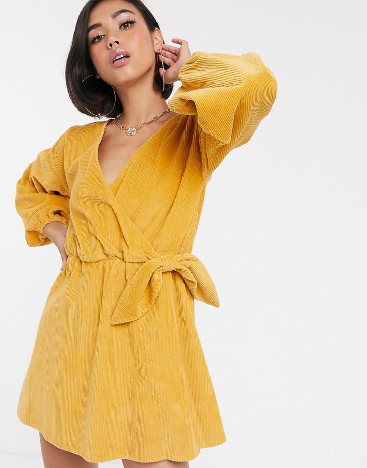 Asos Design Cord Wrap Smock Mini Dress In Marigold