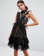 Three Floor Mini Lace Dress With High Neck - Black