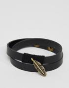Asos Faux Leather Wrap Bracelet With Feather - Black