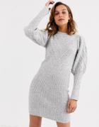 River Island Knitted Dress With Puff Sleeves And Stitch Detail In Gray