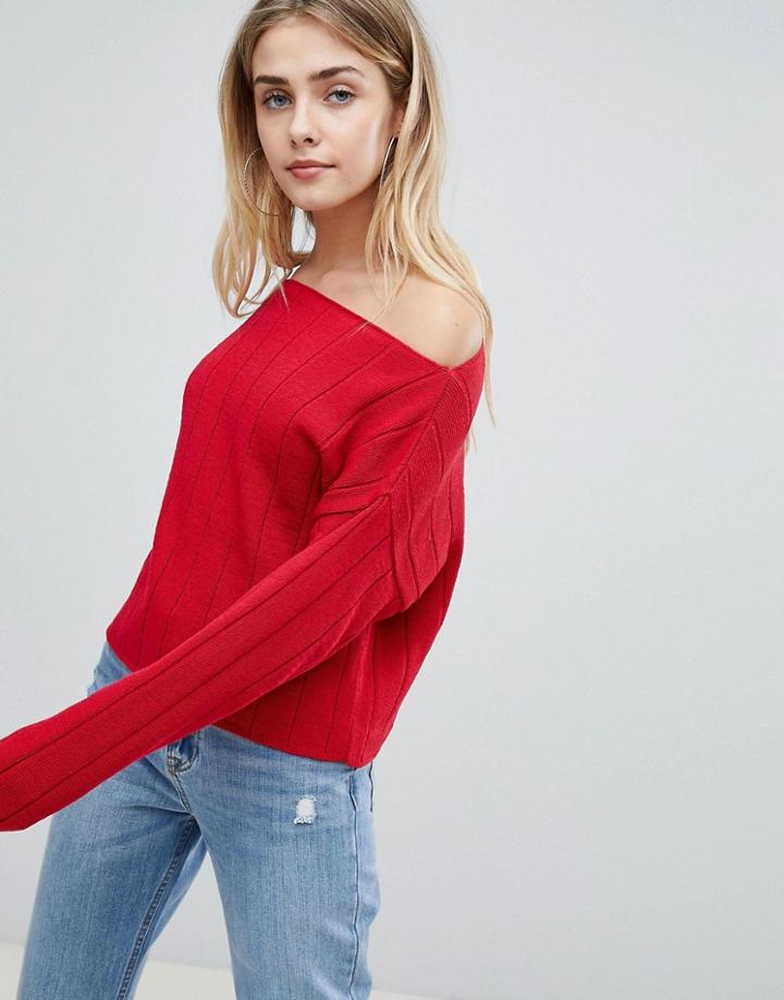 Asos Design Eco Off Shoulder Cropped Sweater In Oversized Rib - Red