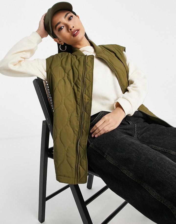 Topshop Quilted Oversized Liner Vest In Khaki-green