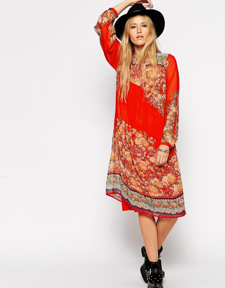 Asos Midi Swing Dress In Boho Print - Red Print