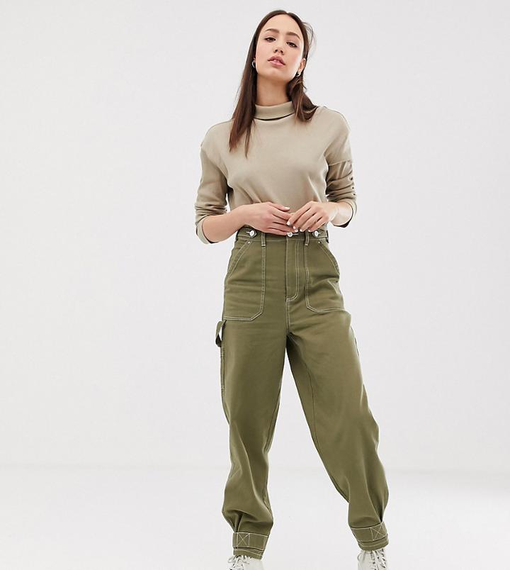Asos Design Tall Utility Pants With Top Stitching And Tab Detail-green