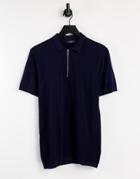 Jack & Jones Premium Knitted Polo With Zip In Navy