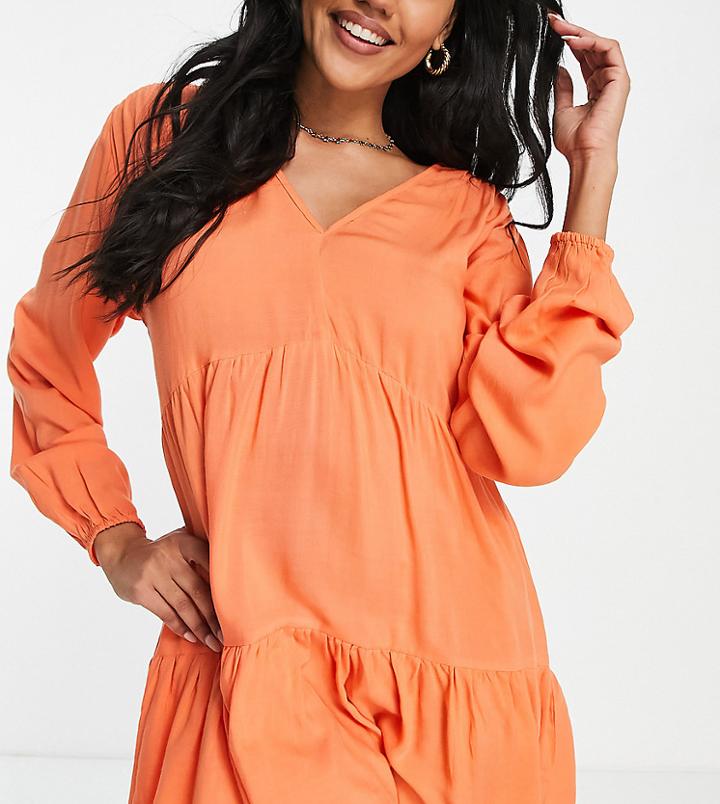 Esmee Exclusive Mini Tiered Smock Dress With Long Sleeve In Orange