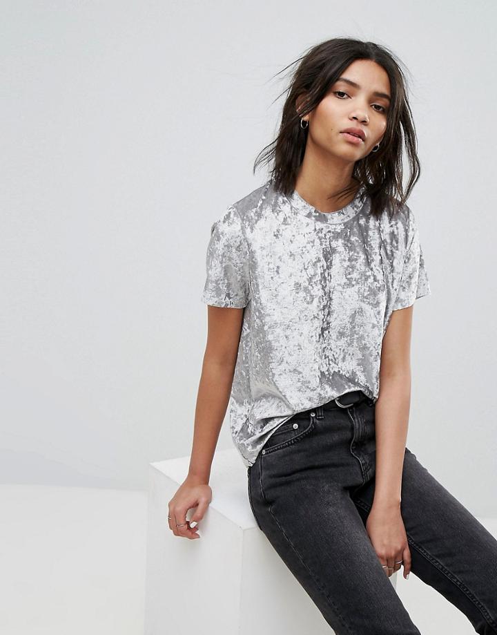 Dr Denim Crushed Velvet T-shirt - Silver
