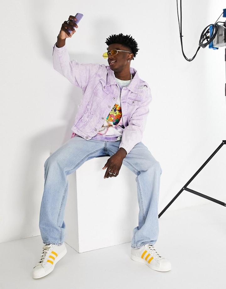 Liquor N Poker Oversized Trucker Jacket In Acid Wash Purple Denim With Distressing - Part Of A Set